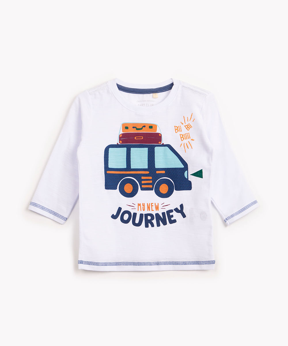 camiseta de algodão infantil carro manga longa branca