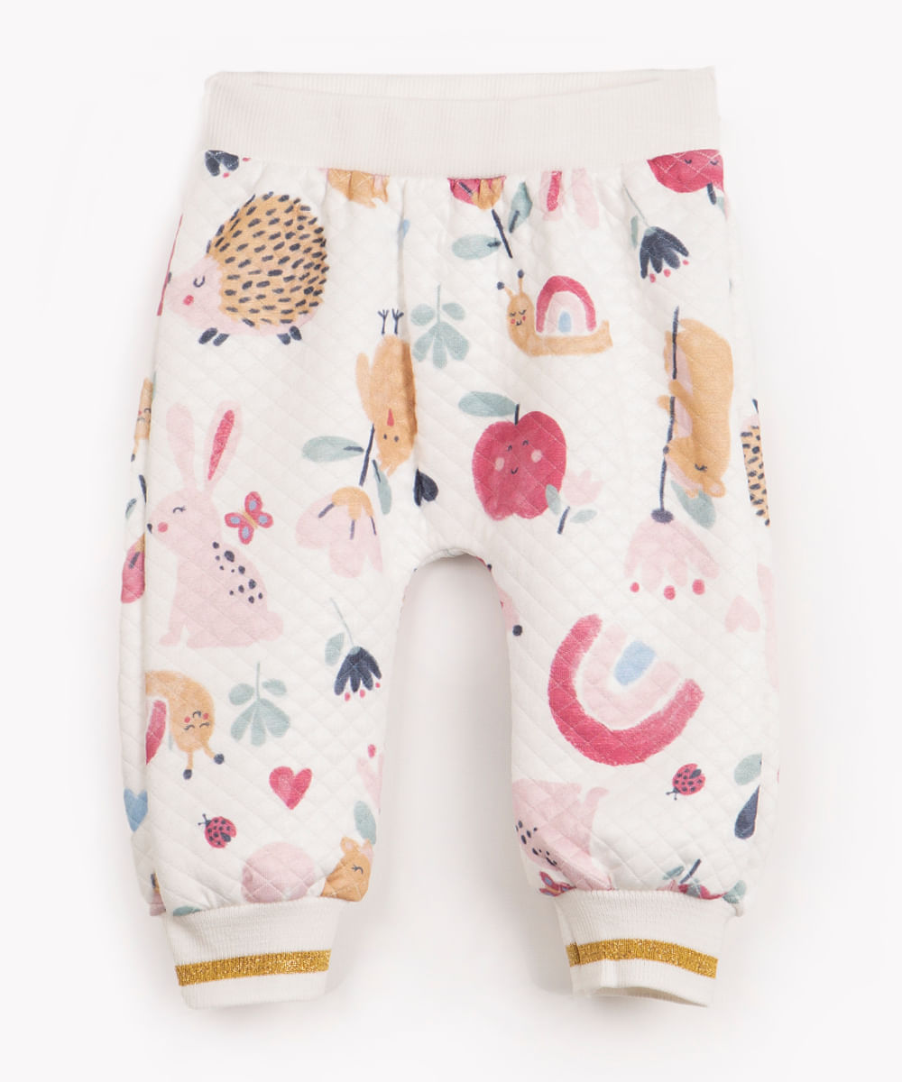 calça de moletom infantil em matelassê bichinhos off white