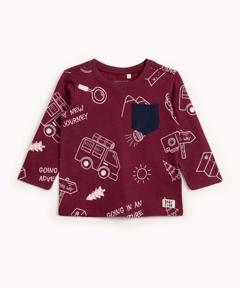 camiseta de algodão infantil acampamento com bolso manga longa vinho