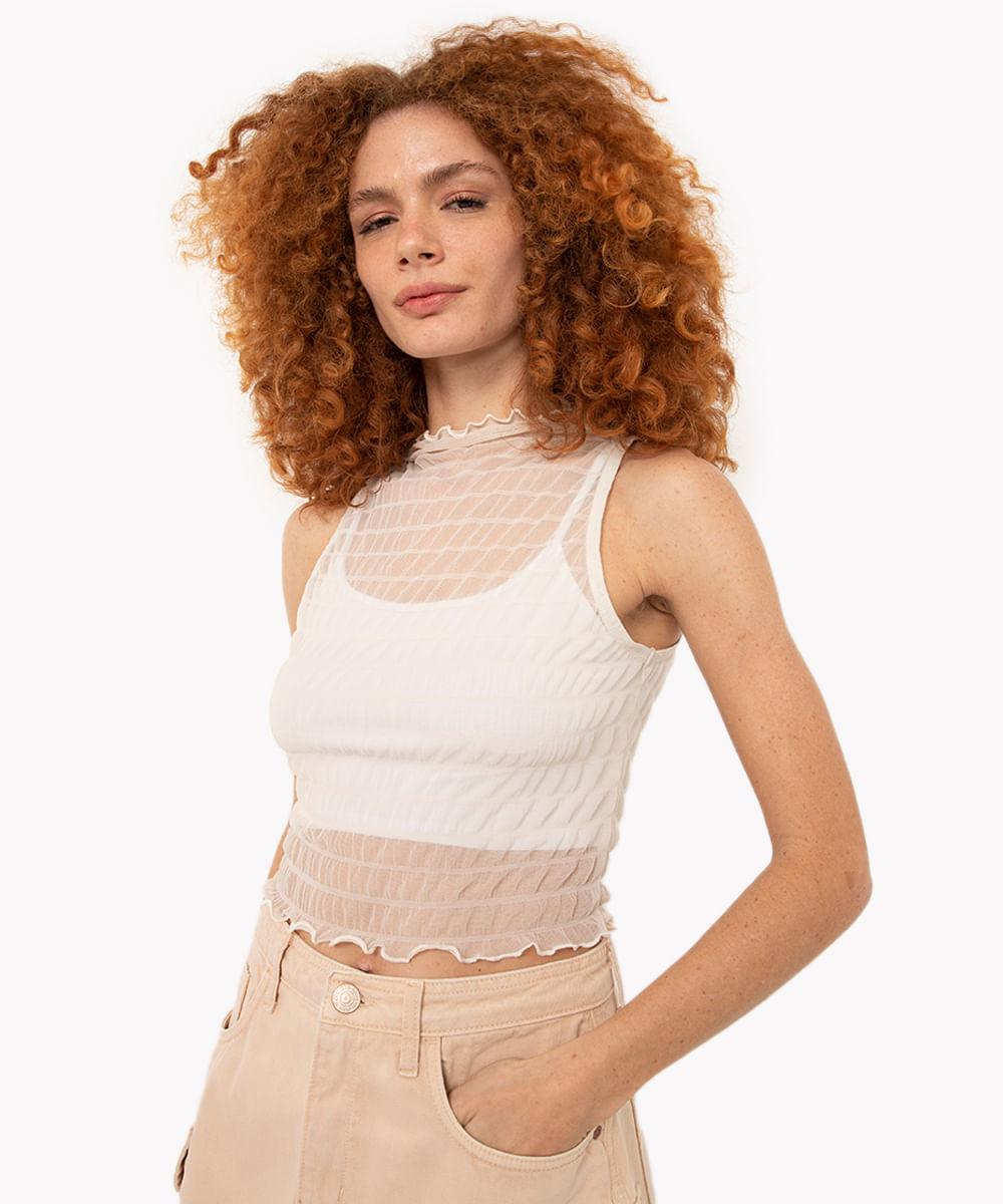 regata de tule texturizada fru fru bege claro