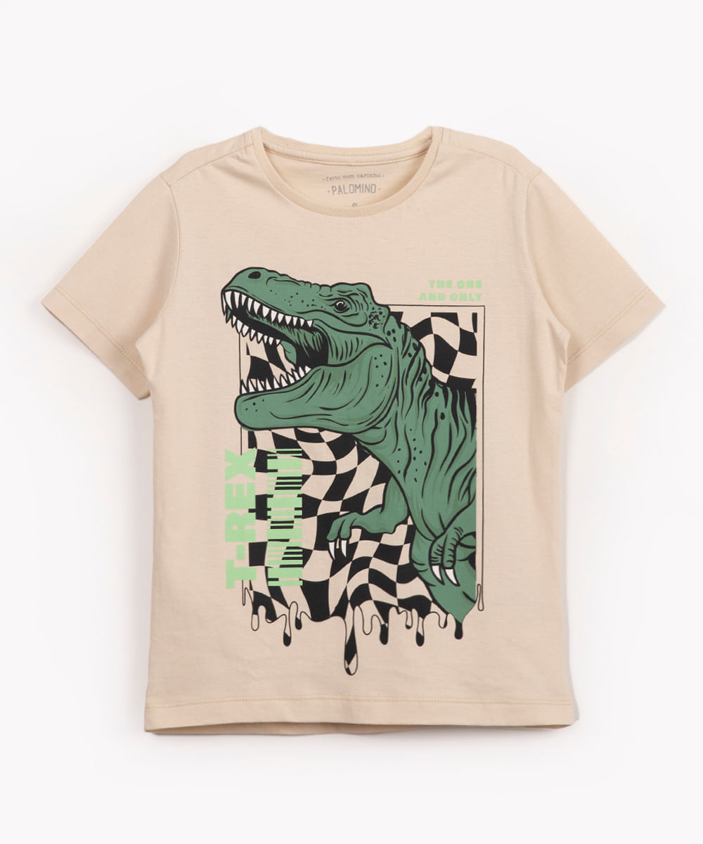 camiseta infantil de algodão dinossauro manga curta bege