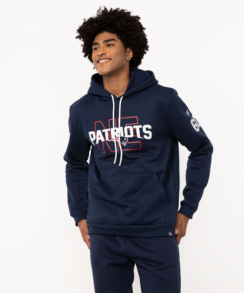 blusa de moletom com capuz e bolso patriots nfl esportivo ace azul marinho