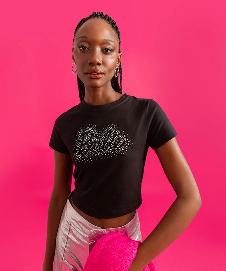 blusa babylook barbie brilhos preto PP