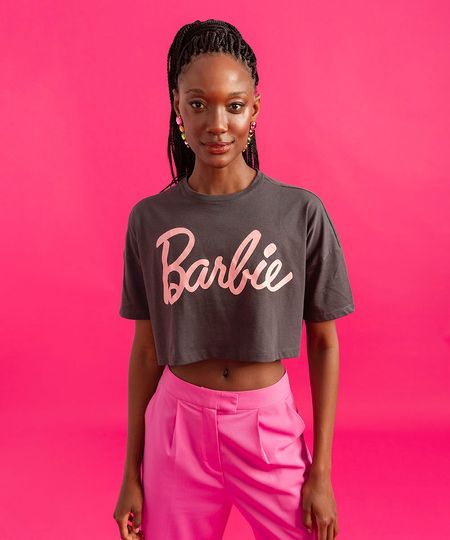 camiseta cropped de algodão barbie cinza escuro PP camiseta cropped de algodão barbie cinza escuro PP