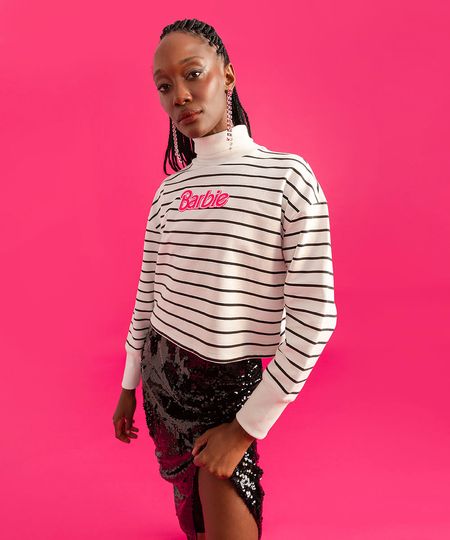 blusão de moletom listrado gola alta barbie off white P blusão de moletom listrado gola alta barbie off white P