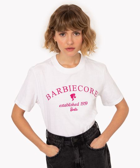camiseta de algodão manga curta bordado barbie off white P