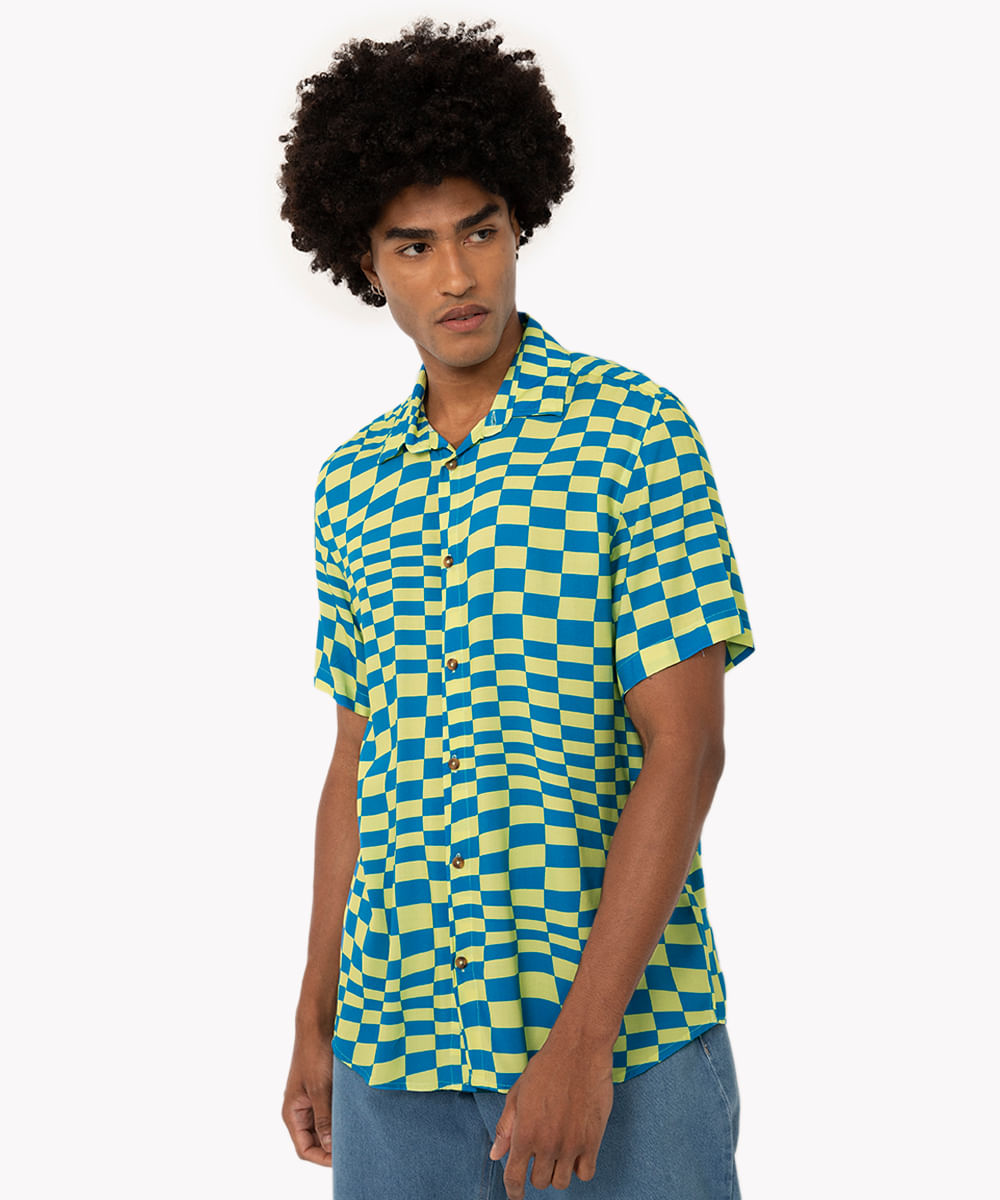 camisa de viscose xadrez quadriculado azul