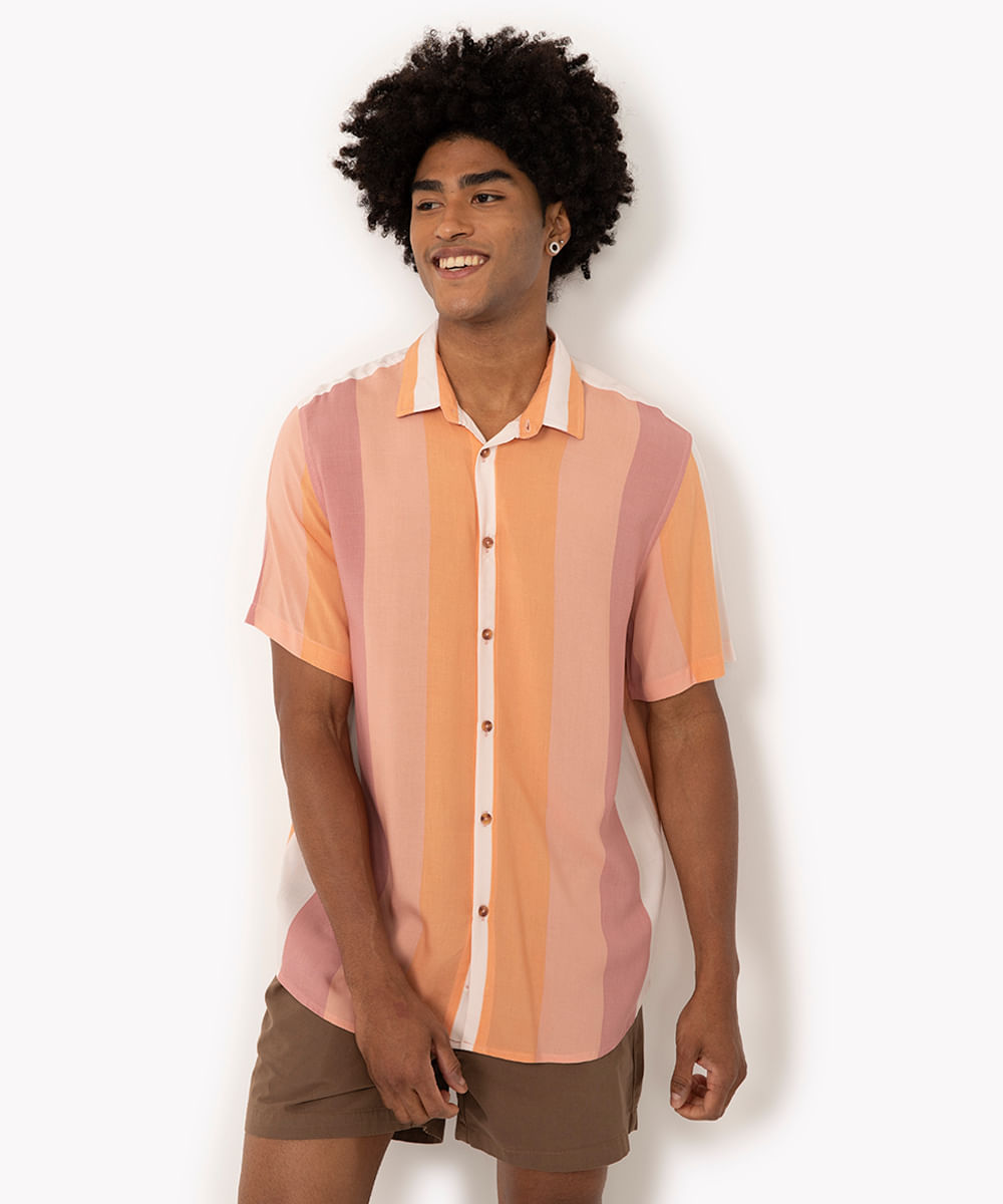 camisa listrada de viscose manga curta rosa