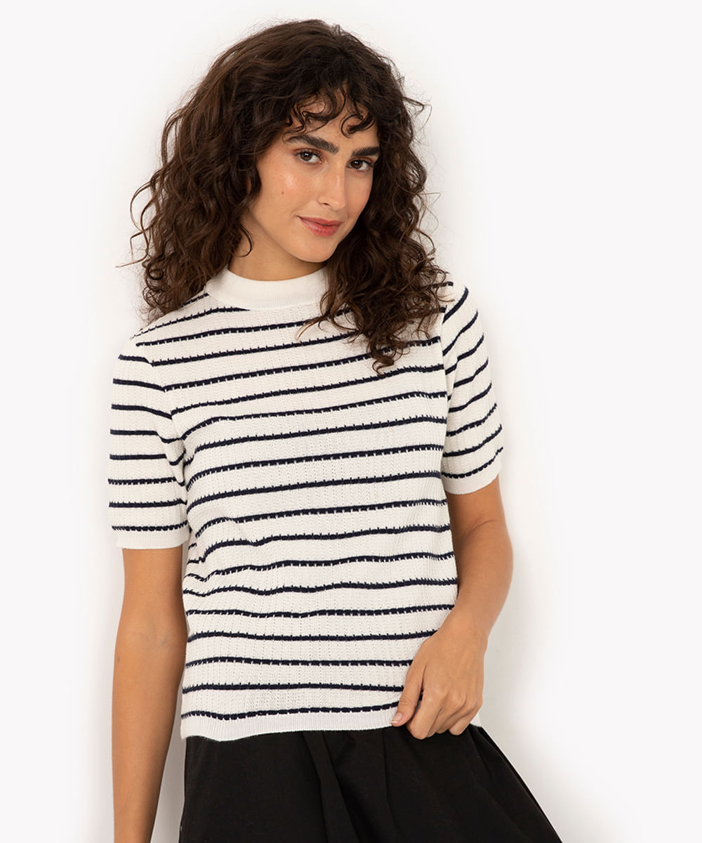 blusa de tricot listrada manga curta azul marinho