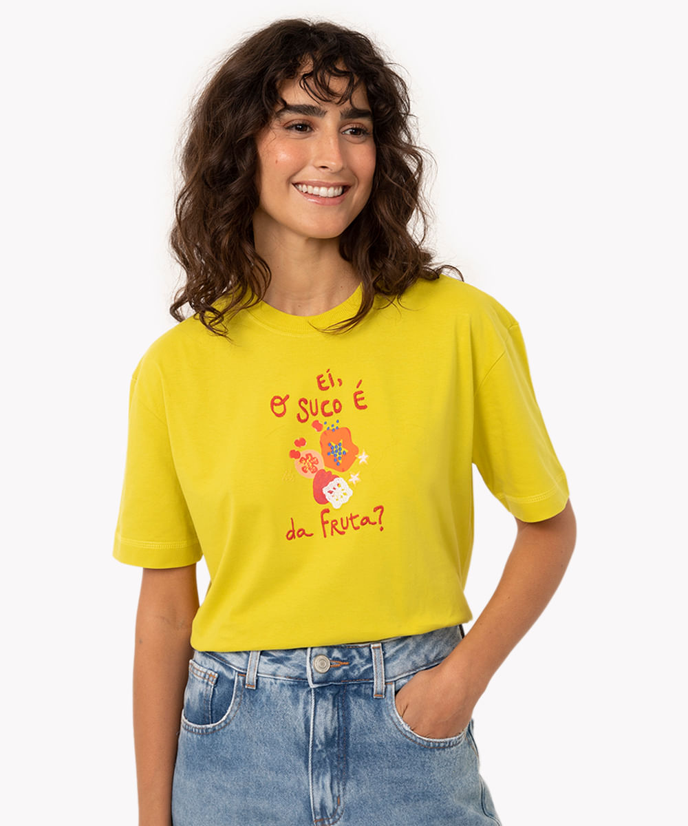 camiseta de algodão o suco é da fruta jéssica paiva amarelo fluor