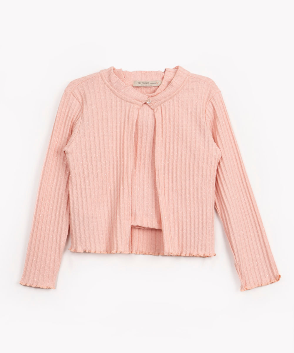 conjunto infantil de regata e cardigan com brilho rosa claro