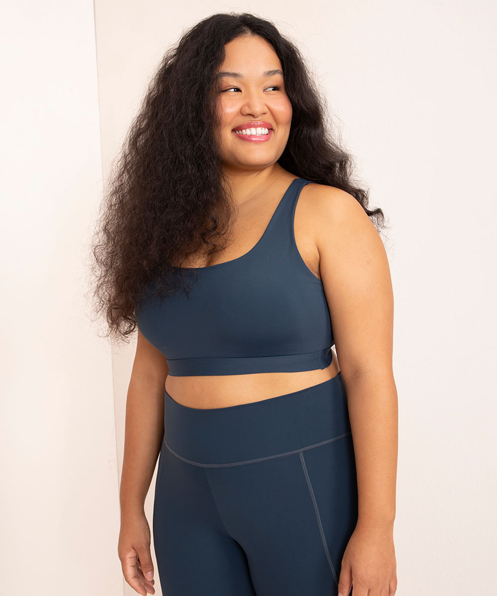 top plus size alça larga decote reto com bojo proteção uv mindset sport  azul médio