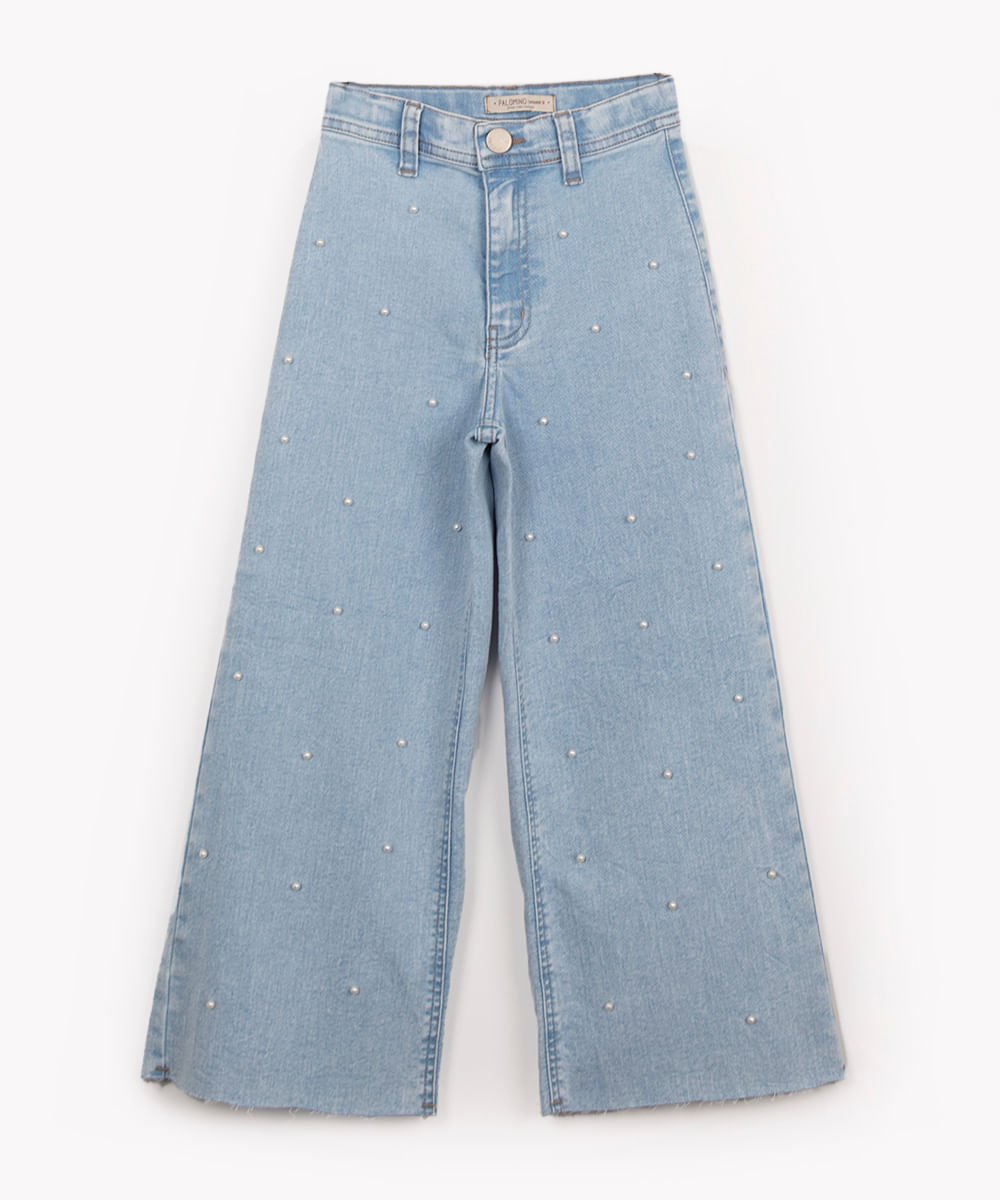 calça jeans infantil wide leg com pérolas azul claro