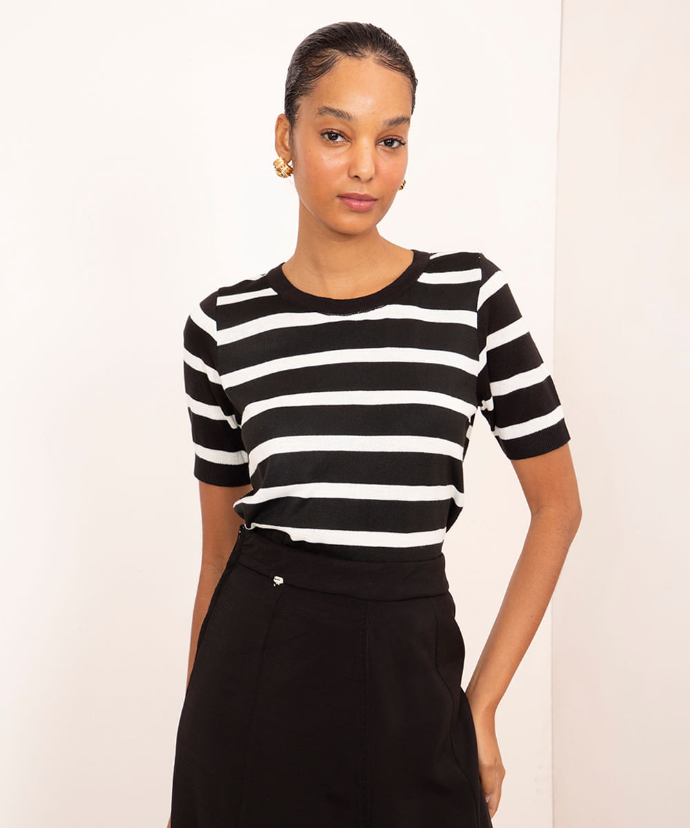blusa de tricot listrada manga curta mindset preta