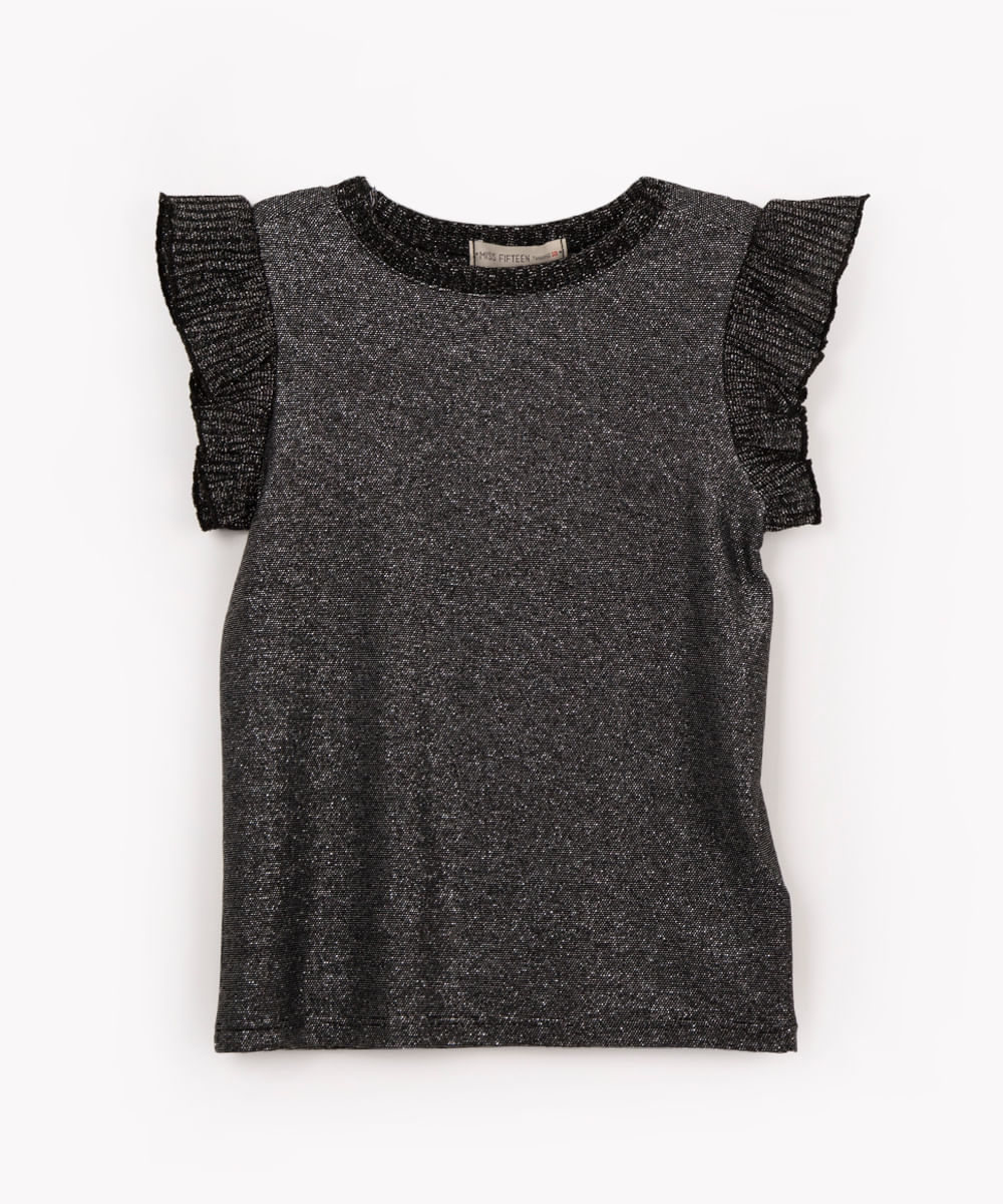 blusa de viscose juvenil com brilho e babado preto