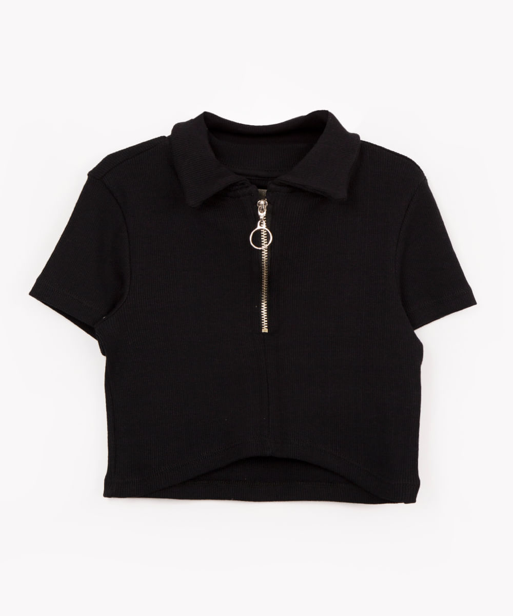 blusa infantil gola polo com zíper preto