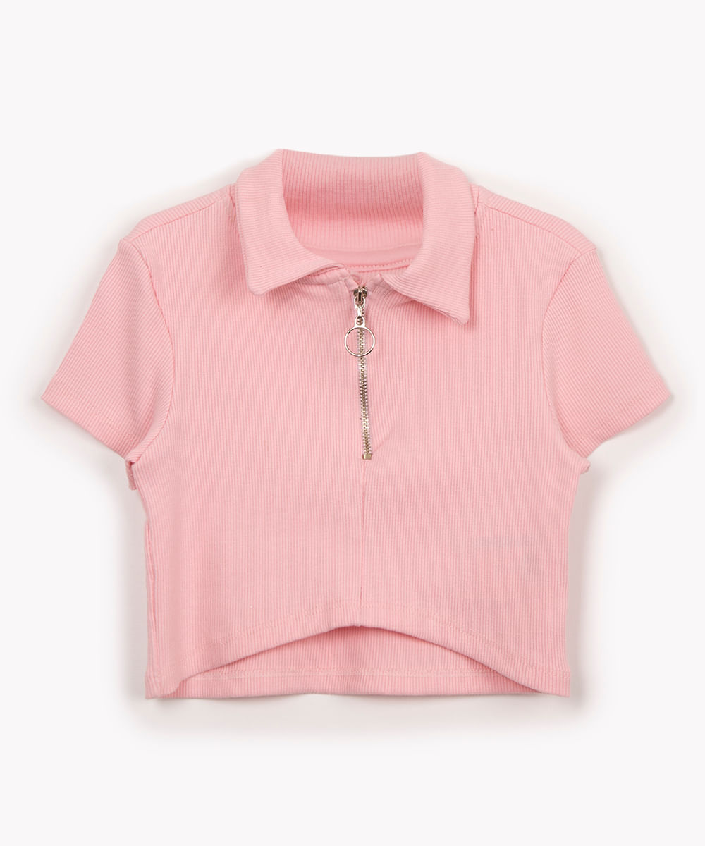 blusa infantil gola polo com zíper rosa