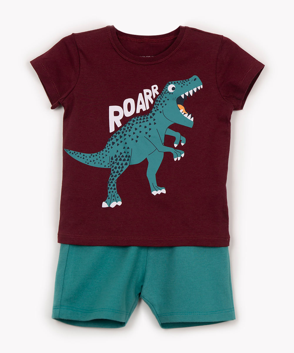 conjunto de algodão infantil dino roarr manga curta vinho