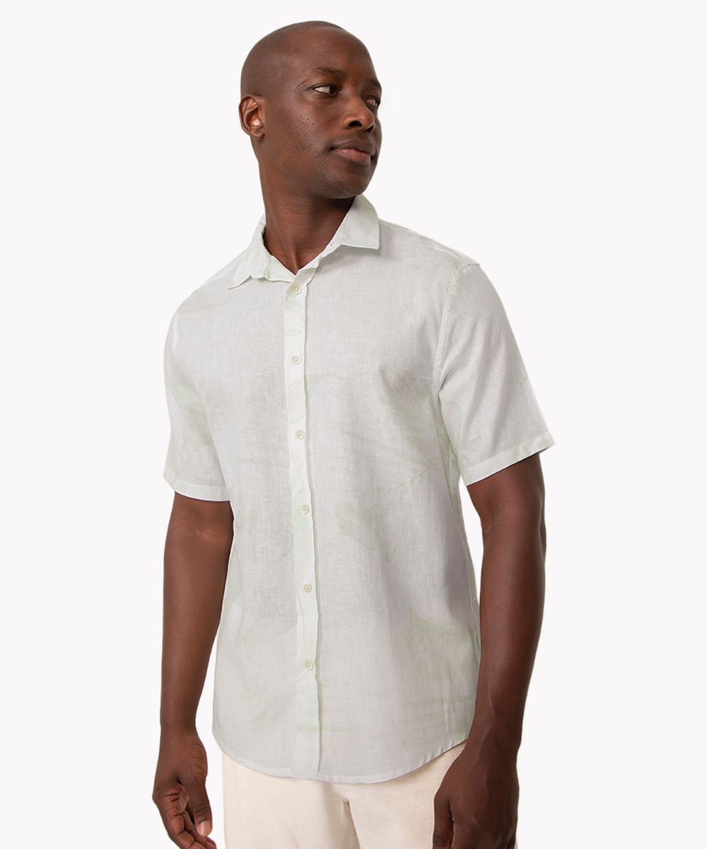 camisa comfort de linho manga curta folhagem off white