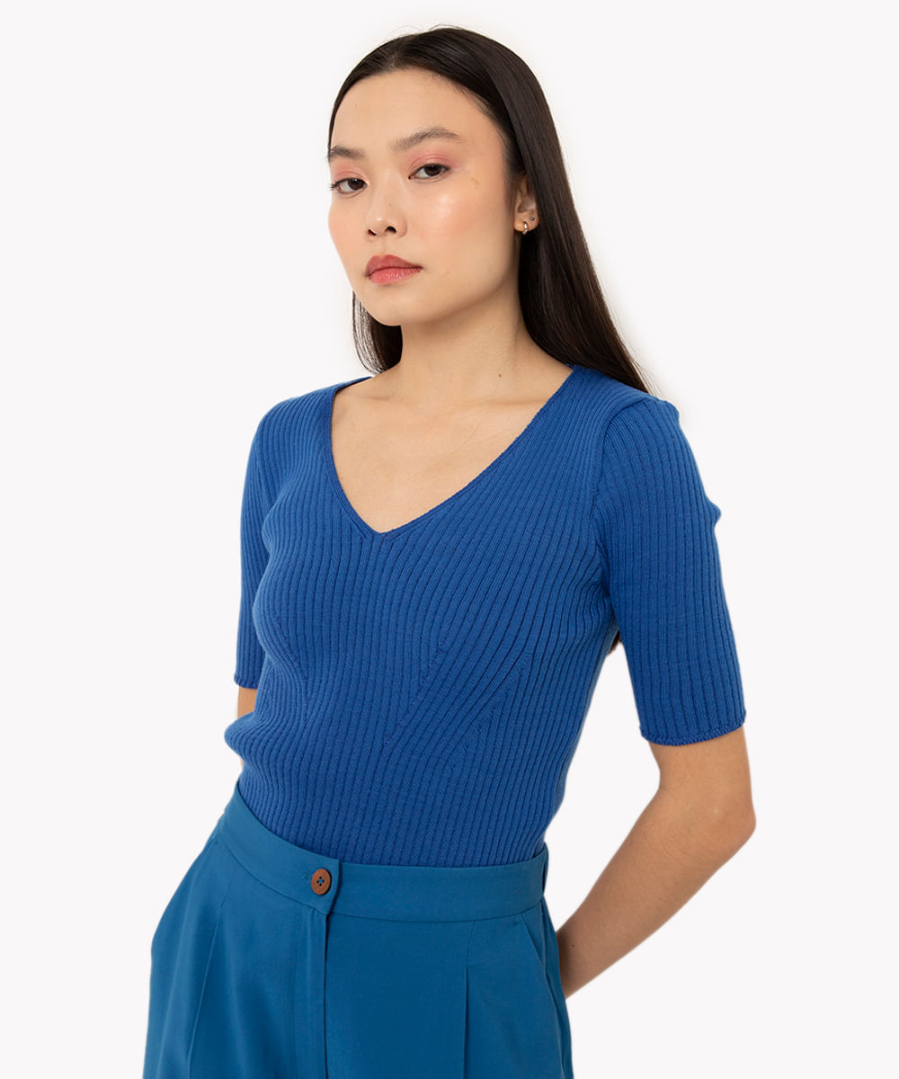 blusa de tricot manga curta decote v azul