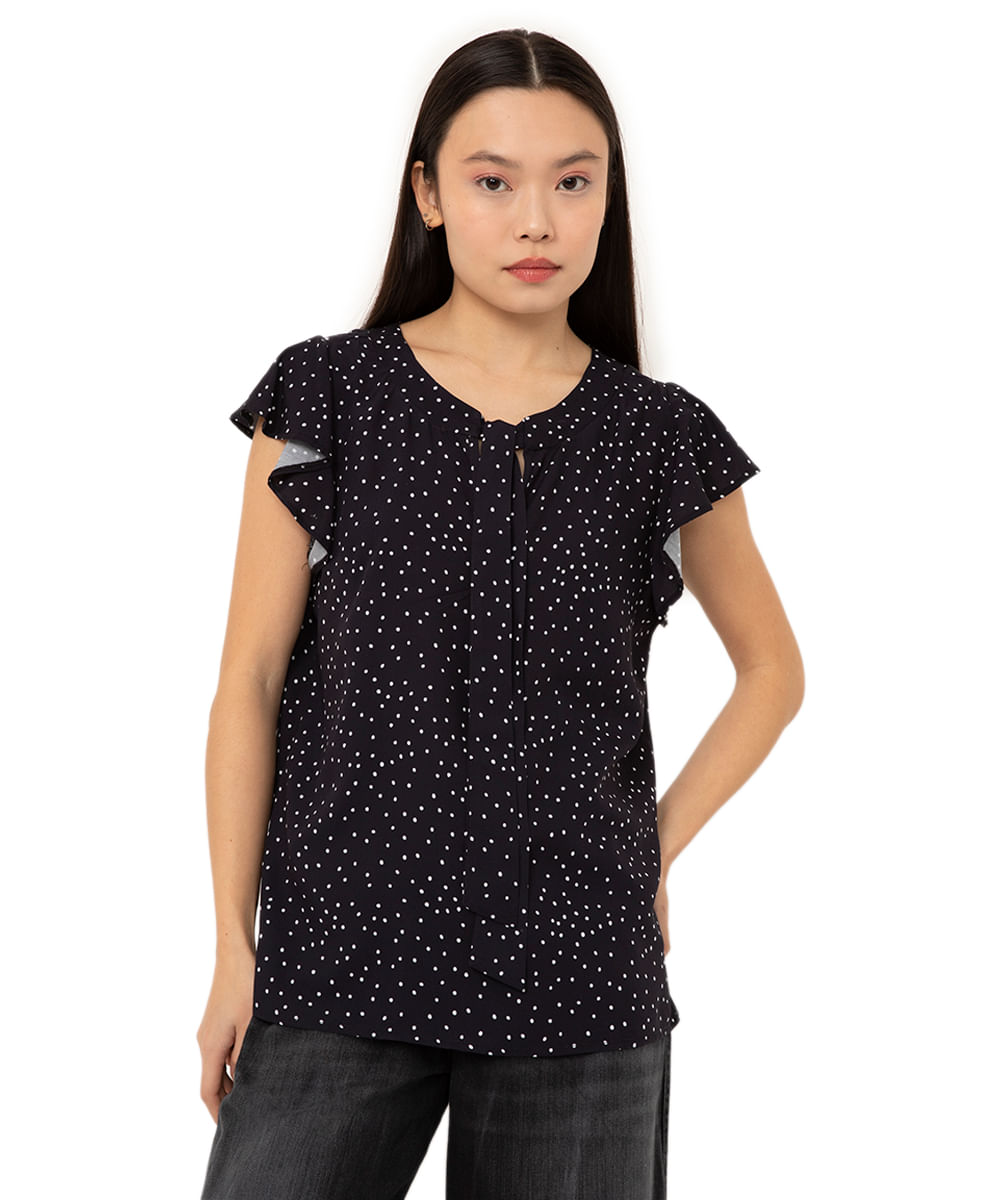 blusa de viscose poá gola laço com babados preta