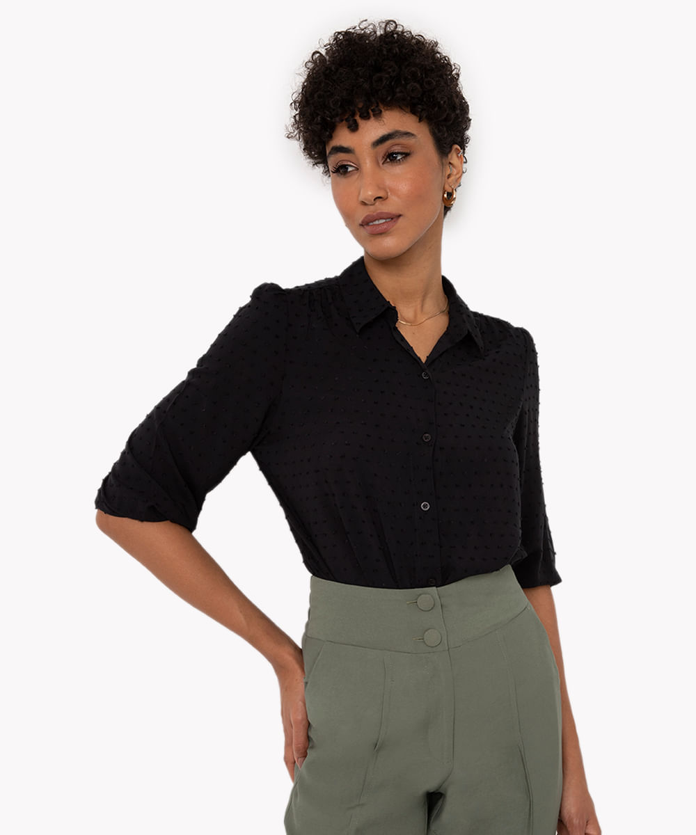 camisa de viscose texturizada manga longa preta