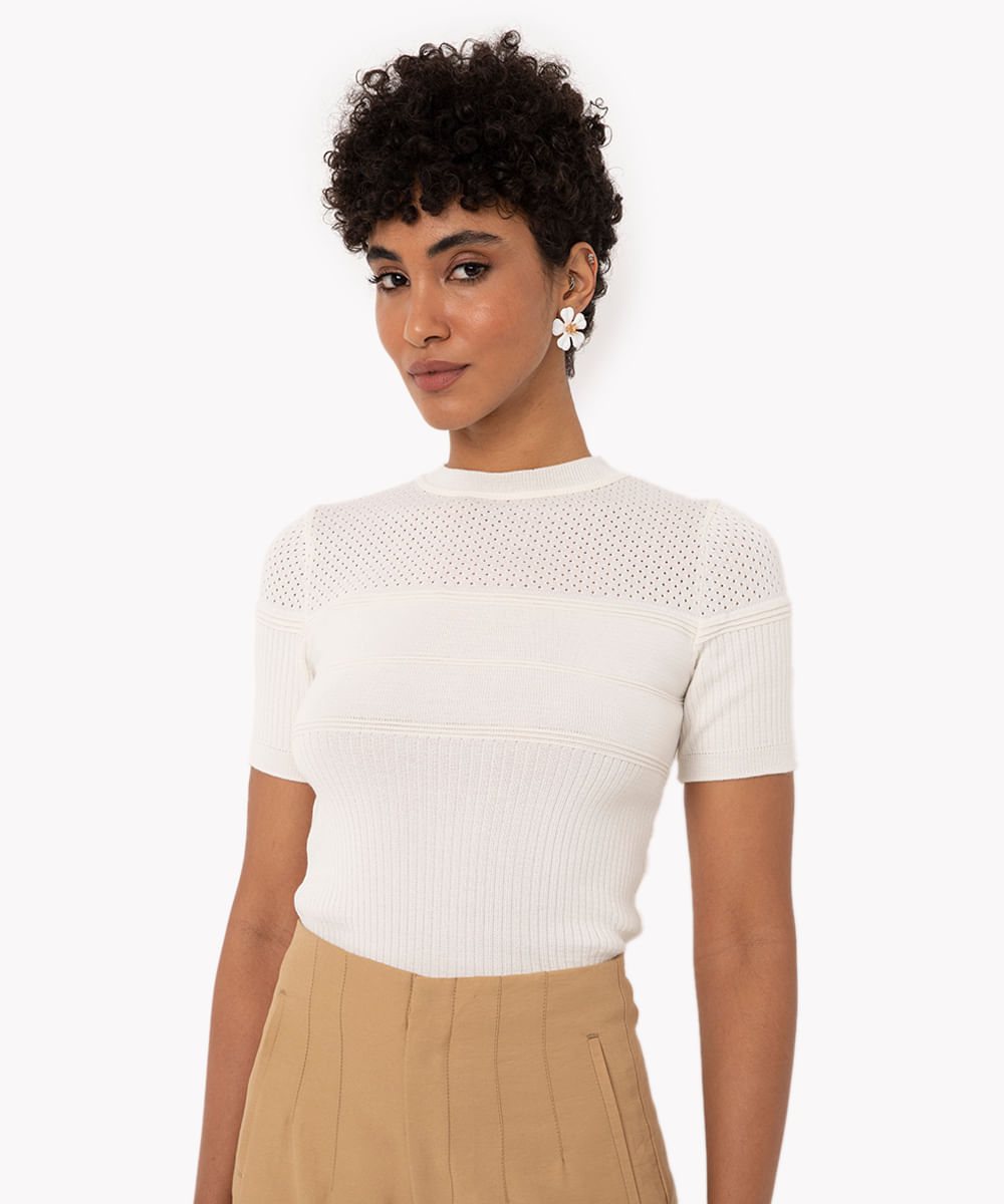 blusa de tricot texturas manga curta off white