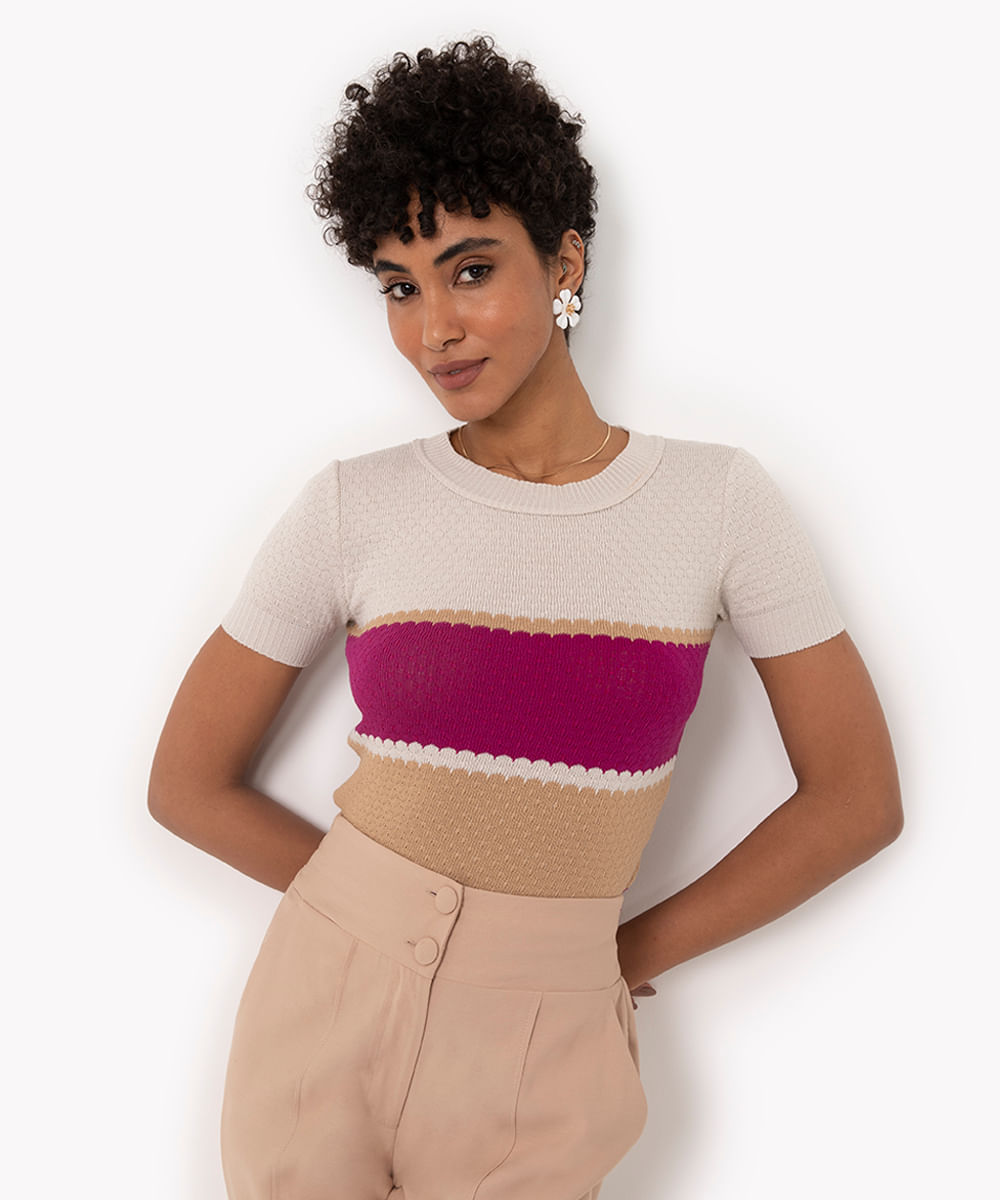 blusa de tricot listrada manga curta areia