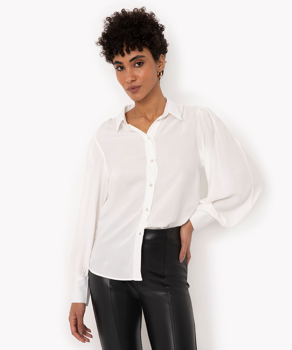 camisa de viscose com franzido manga longa off white