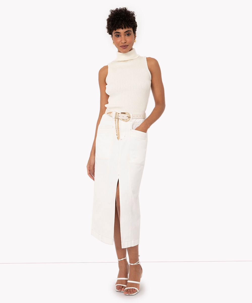 saia de sarja midi cintura alta com fenda off white