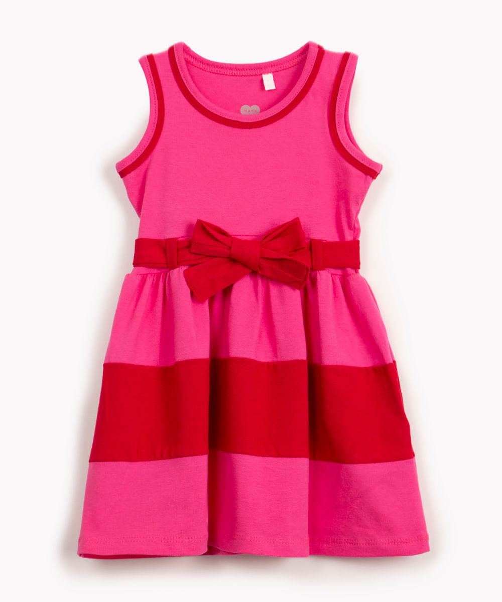 vestido de algodão infantil com recortes e laço pink