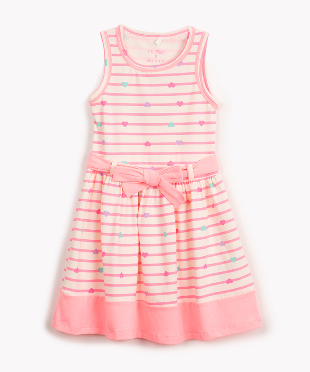 vestido de algodão infantil listrado corações com laço off white