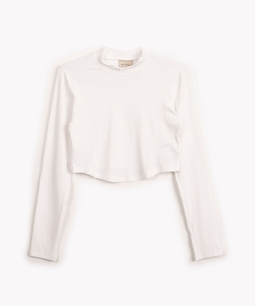 cropped de viscose juvenil canelado com recorte manga longa off white