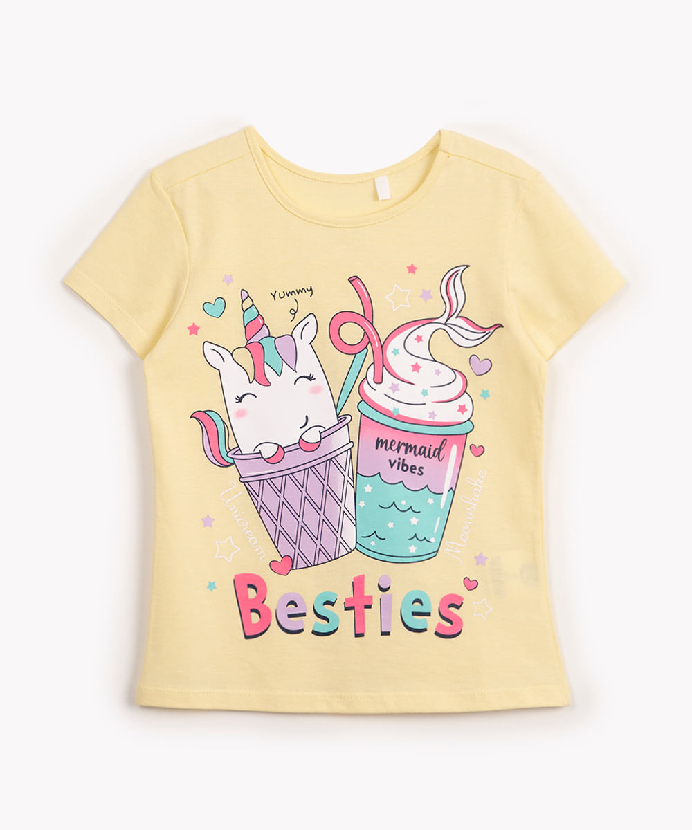 blusa de algodão infantil unicórnio manga curta amarelo