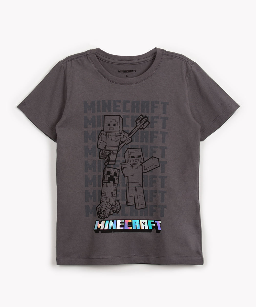 camiseta de algodão infantil minecraft manga curta chumbo