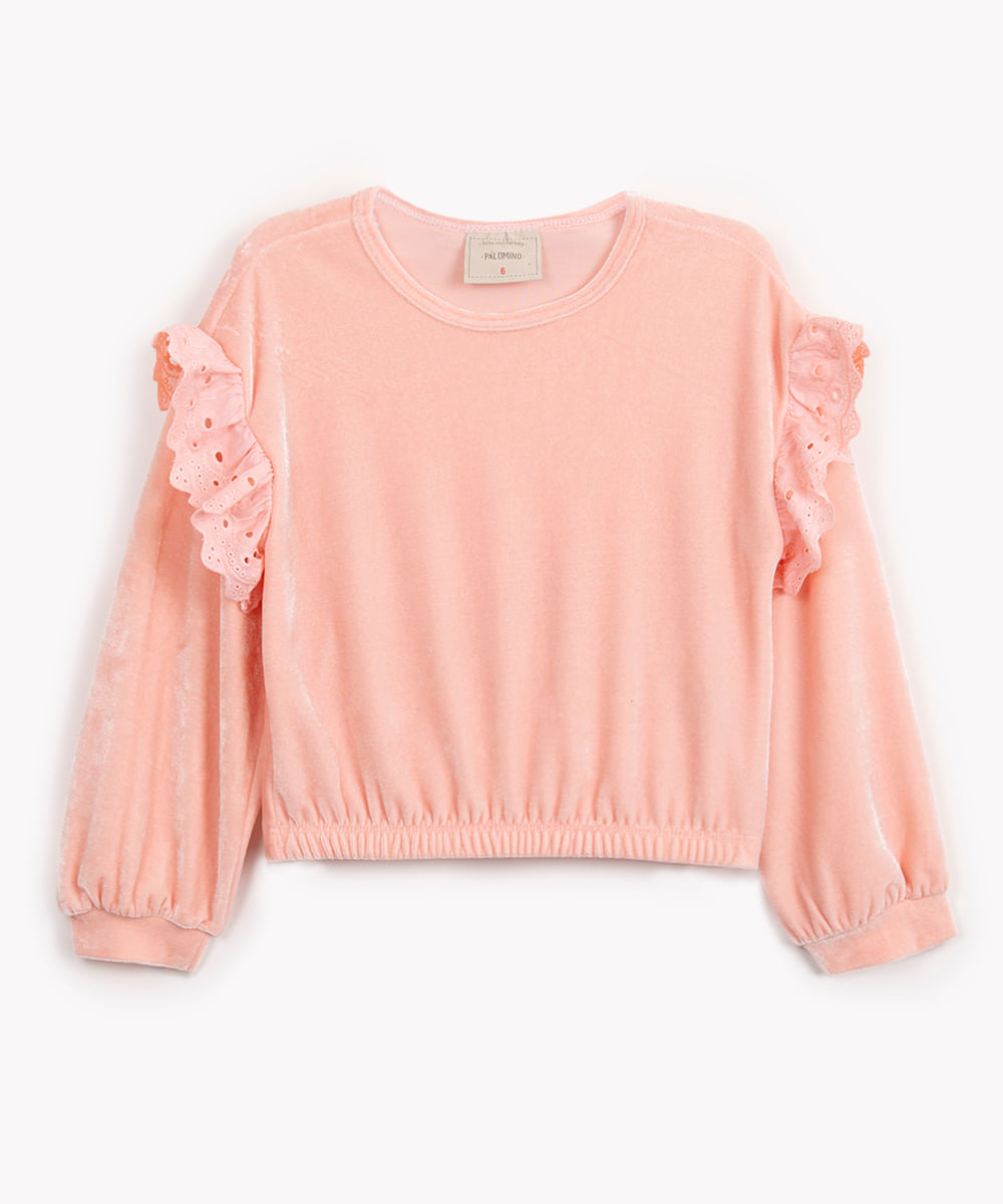 blusa de veludo infantil com babado em laise rosê