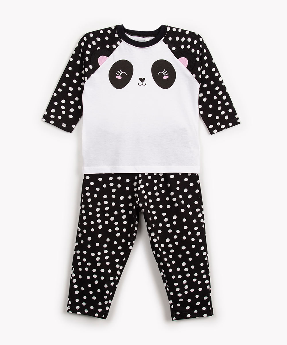 pijama de algodão infantil panda poá manga longa off white