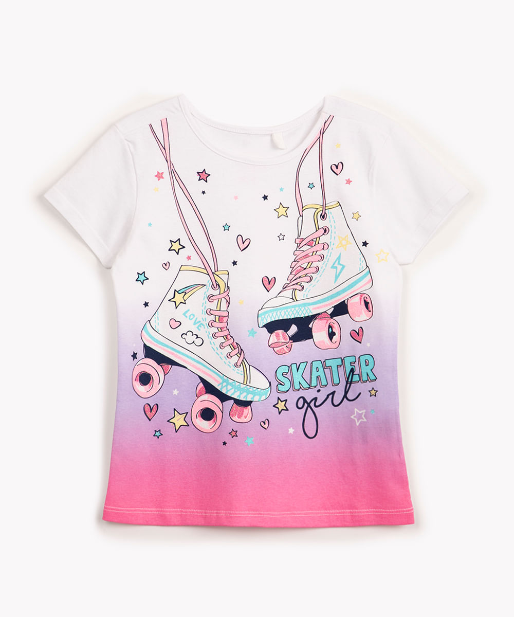 blusa de algodão infantil patins com degradê manga curta off white