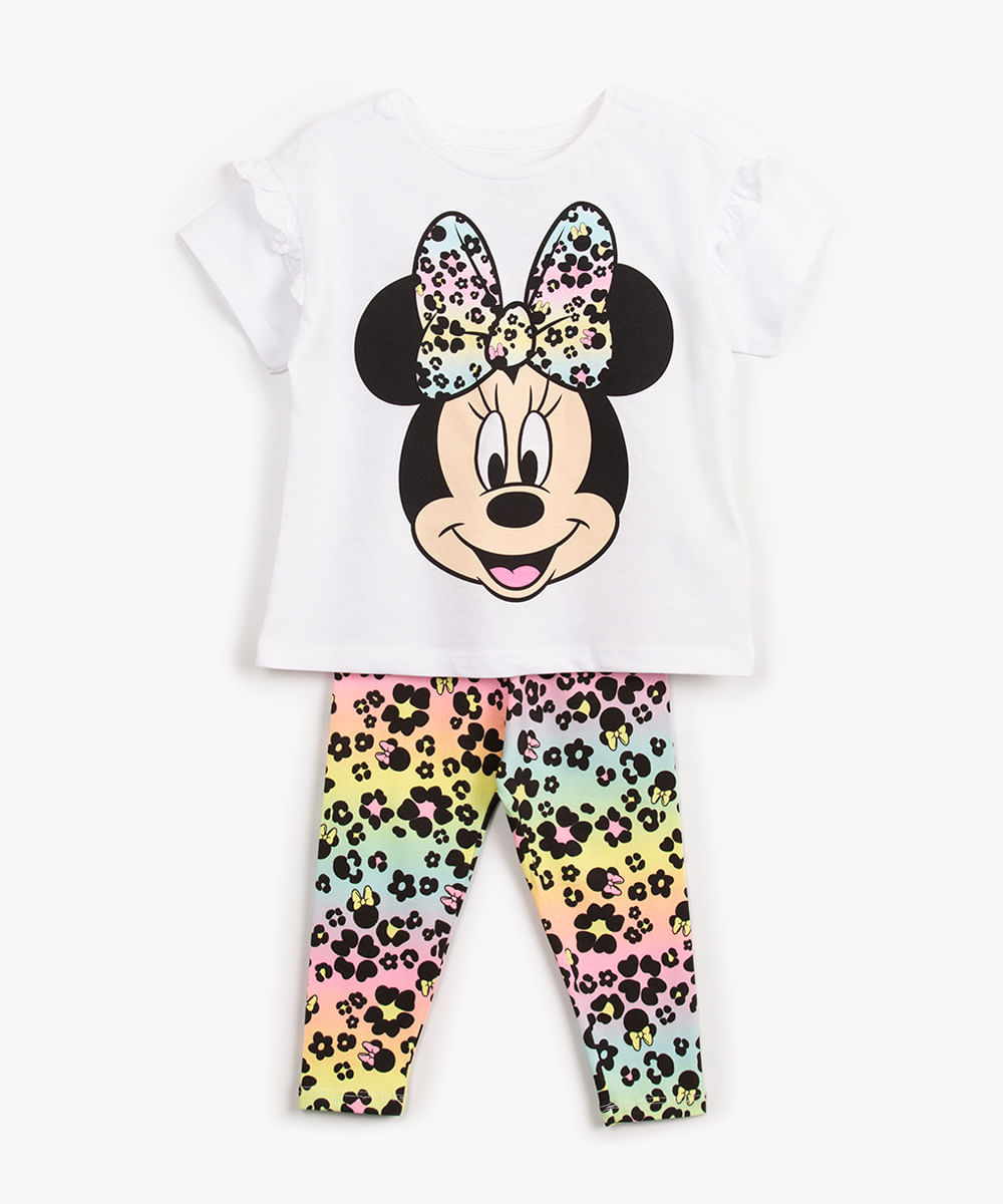 conjunto de algodão infantil minnie com babado manga curta off white