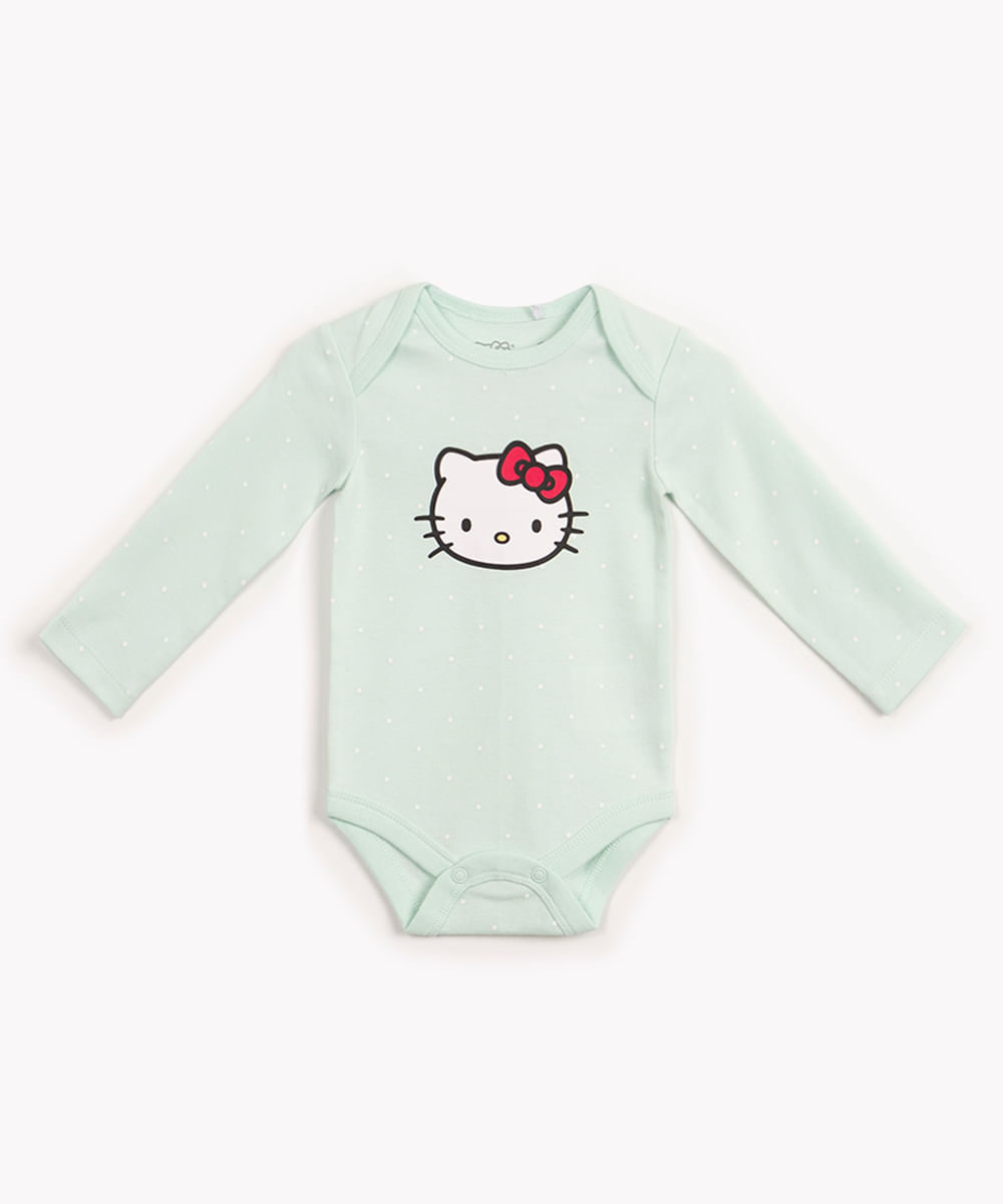 body de algodão infantil poá hello kitty manga longa verde