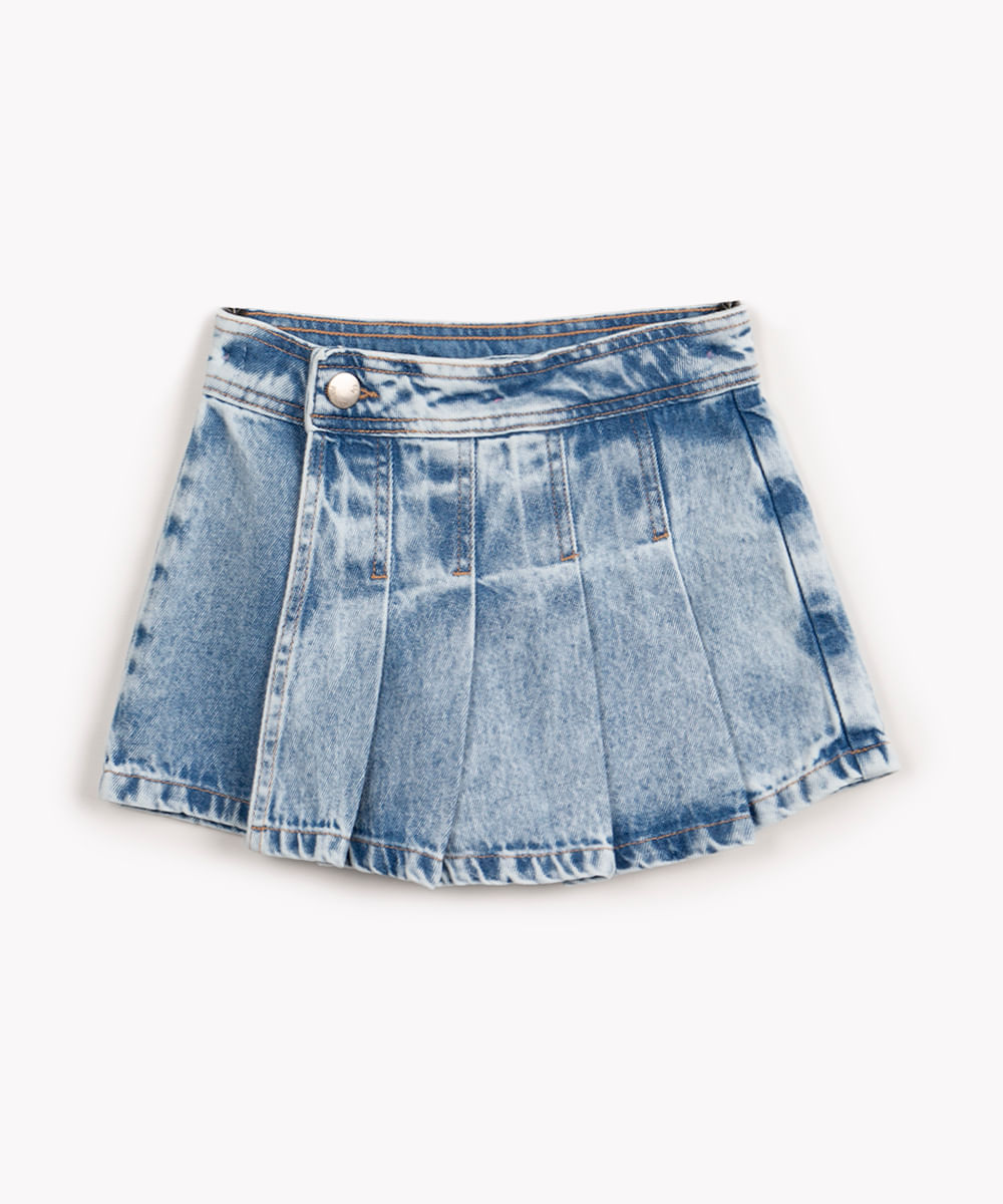 short saia jeans infantil com pregas azul claro