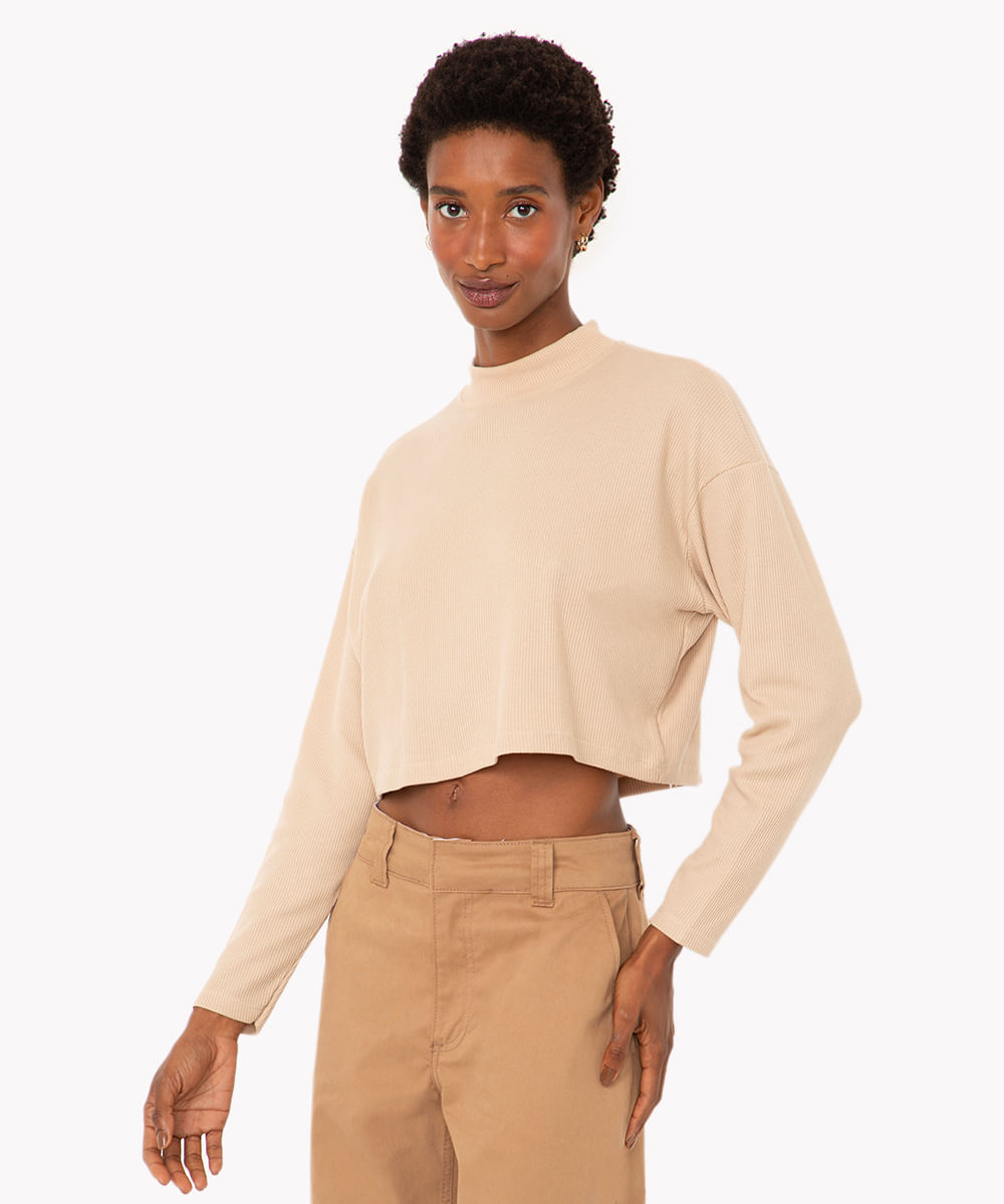 blusa texturizada básica manga longa verde - areia