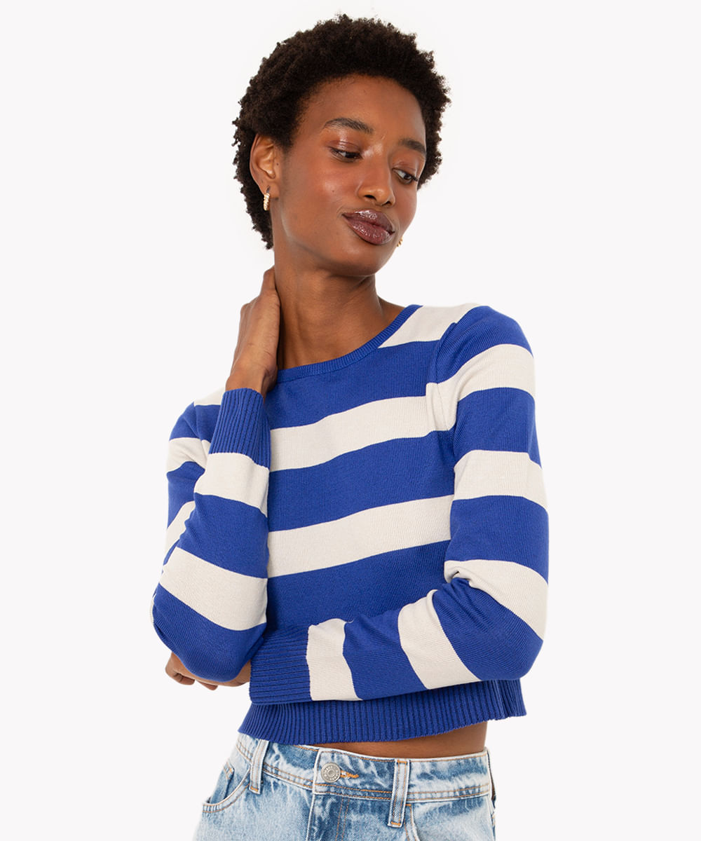 blusa de tricot listrada manga longa azul