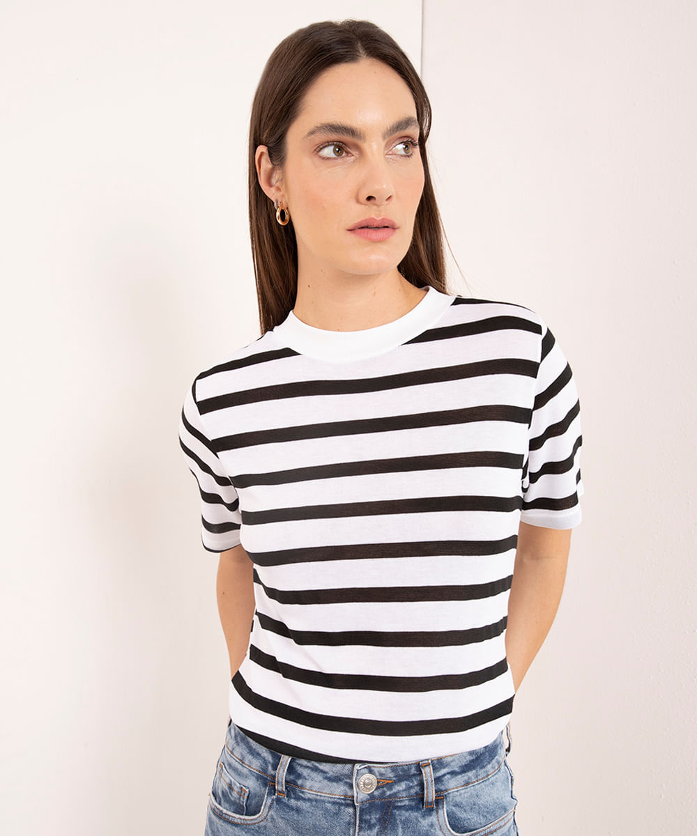 blusa de viscose listrada manga curta mindset preta