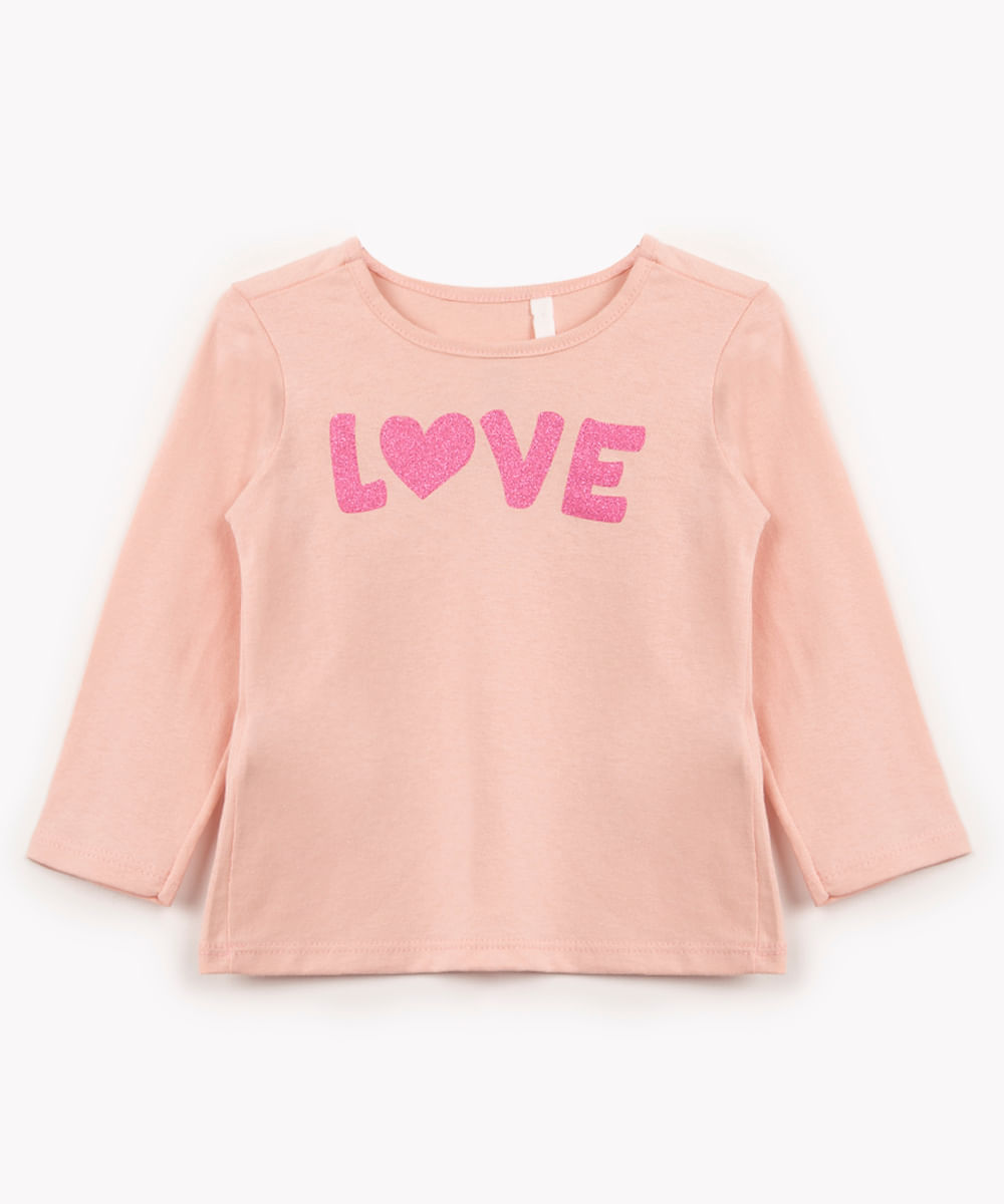 blusa de algodão infantil love manga longa rosa