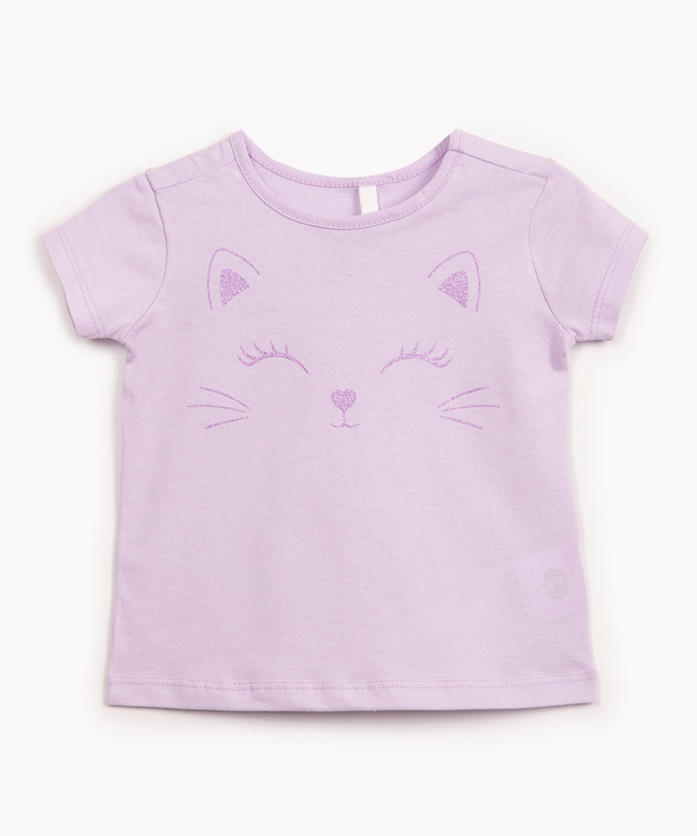 blusa de algodão infantil gatinha com brilho manga curta lilás