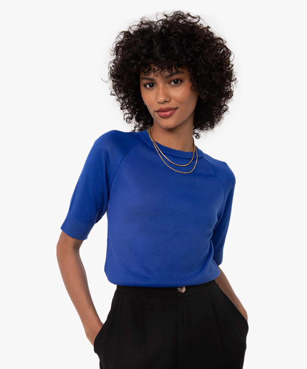 blusa de tricot gola redonda azul