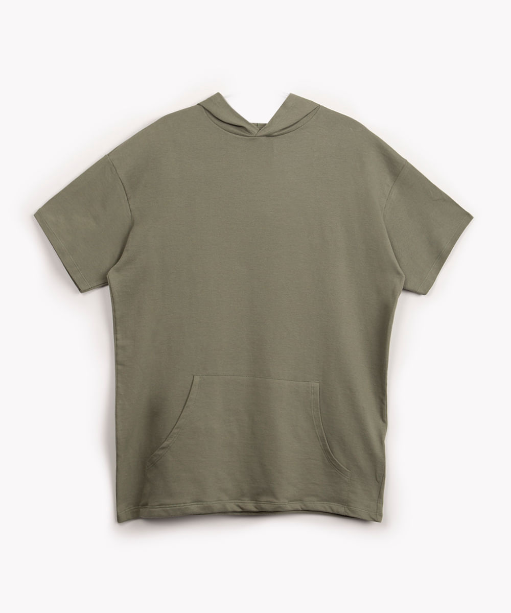 camiseta de moletinho juvenil oversized com capuz manga curta verde militar