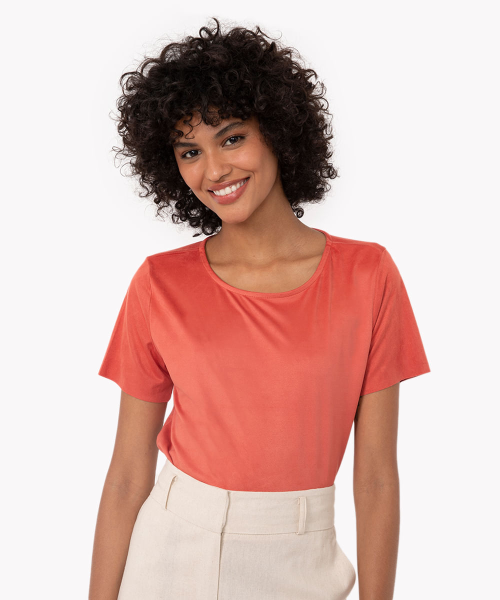 cropped de suede manga curta nude - terracota