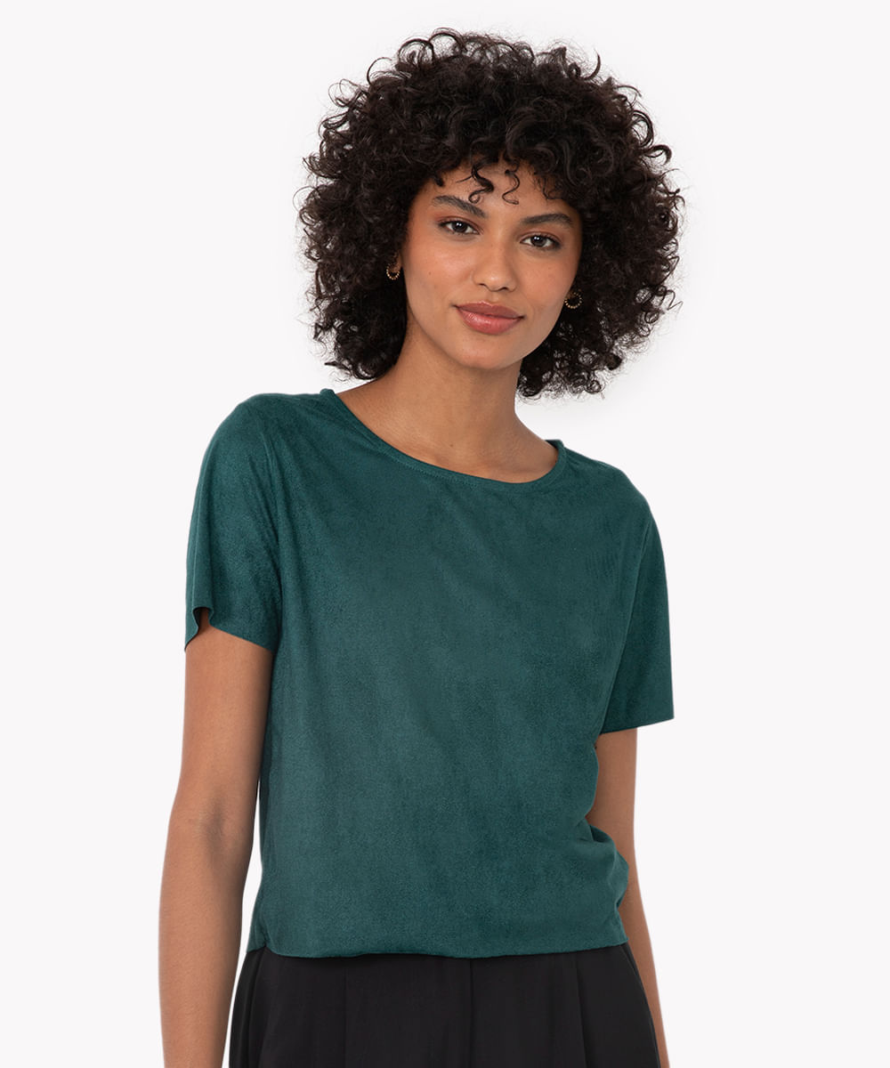 cropped de suede manga curta nude - verde